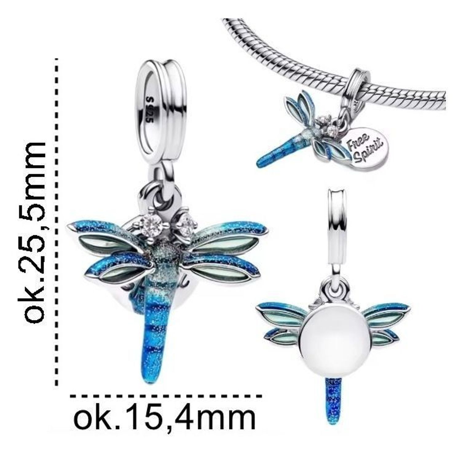 Zawieszka charms Ważka z niebieskimi skrzydłami i napisem „Free Spirit”. Srebro Ag 925, cyrkonie, symbol wolności i lekkości. Idealna do bransoletek modułowych!1.jpg