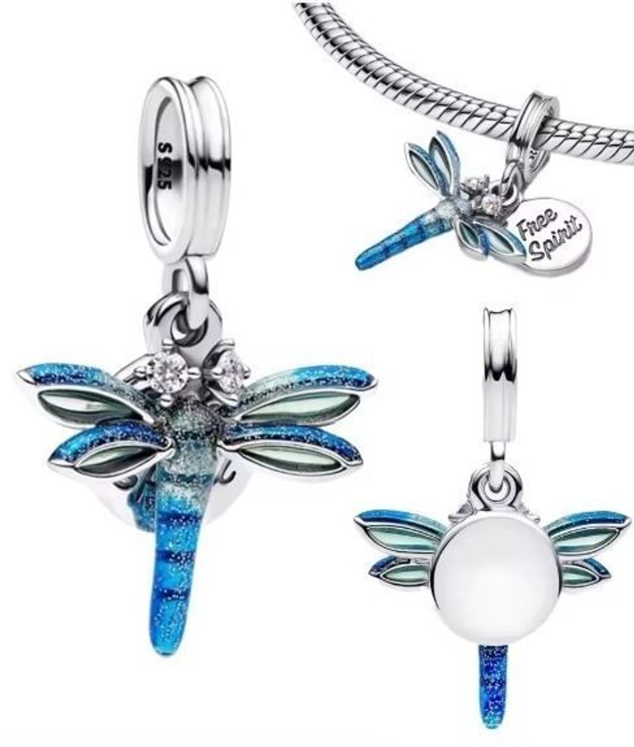 Zawieszka charms Ważka z niebieskimi skrzydłami i napisem „Free Spirit”. Srebro Ag 925, cyrkonie, symbol wolności i lekkości. Idealna do bransoletek modułowych!1.jpg