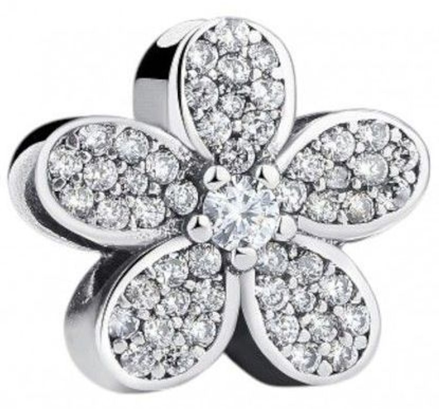 Zawieszka charms kwiat ze srebra rodowanego Ag 925, ozdobiona białymi cyrkoniami. Symbol delikatności i piękna. Klasyczny, kobiecy dodatek do bransoletki.1.jpg