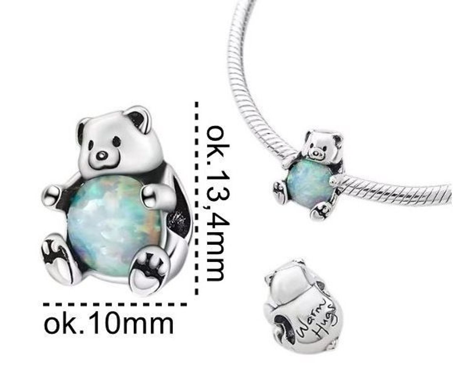 Zawieszka charms Miś ze srebra rodowanego Ag 925 z opalizującym brzuszkiem i grawerem „Warm Hugs”. Uroczy, symboliczny prezent pełen czułości.1.jpg