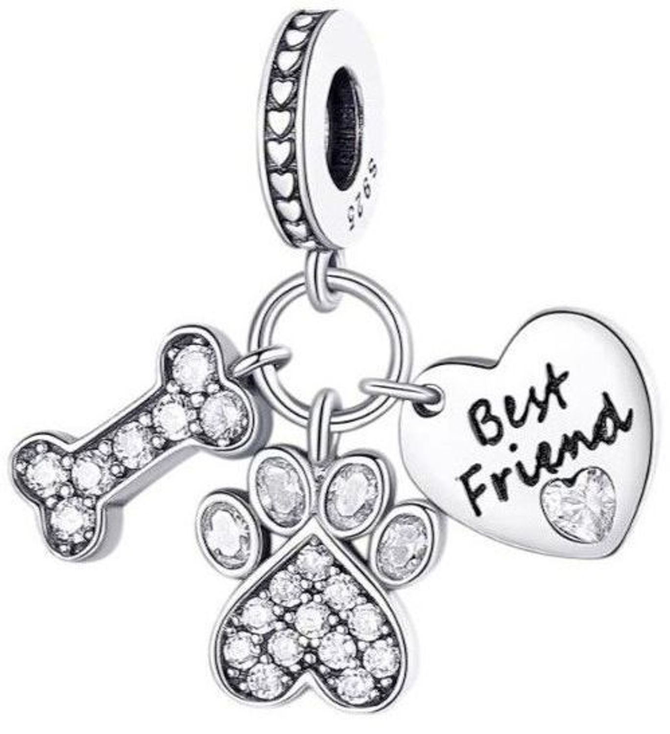 Zawieszka charms z sercem „Best Friend”, psą łapką i kostką. Srebro rodowane Ag 925, białe cyrkonie. Dla miłośników psów – wyjątkowa pamiątka przyjaźni!1.jpg
