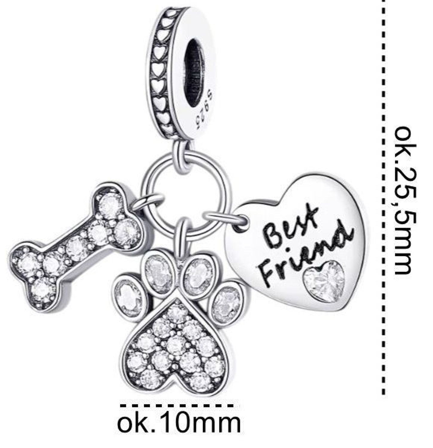 Zawieszka charms z sercem „Best Friend”, psą łapką i kostką. Srebro rodowane Ag 925, białe cyrkonie. Dla miłośników psów – wyjątkowa pamiątka przyjaźni!1.jpg