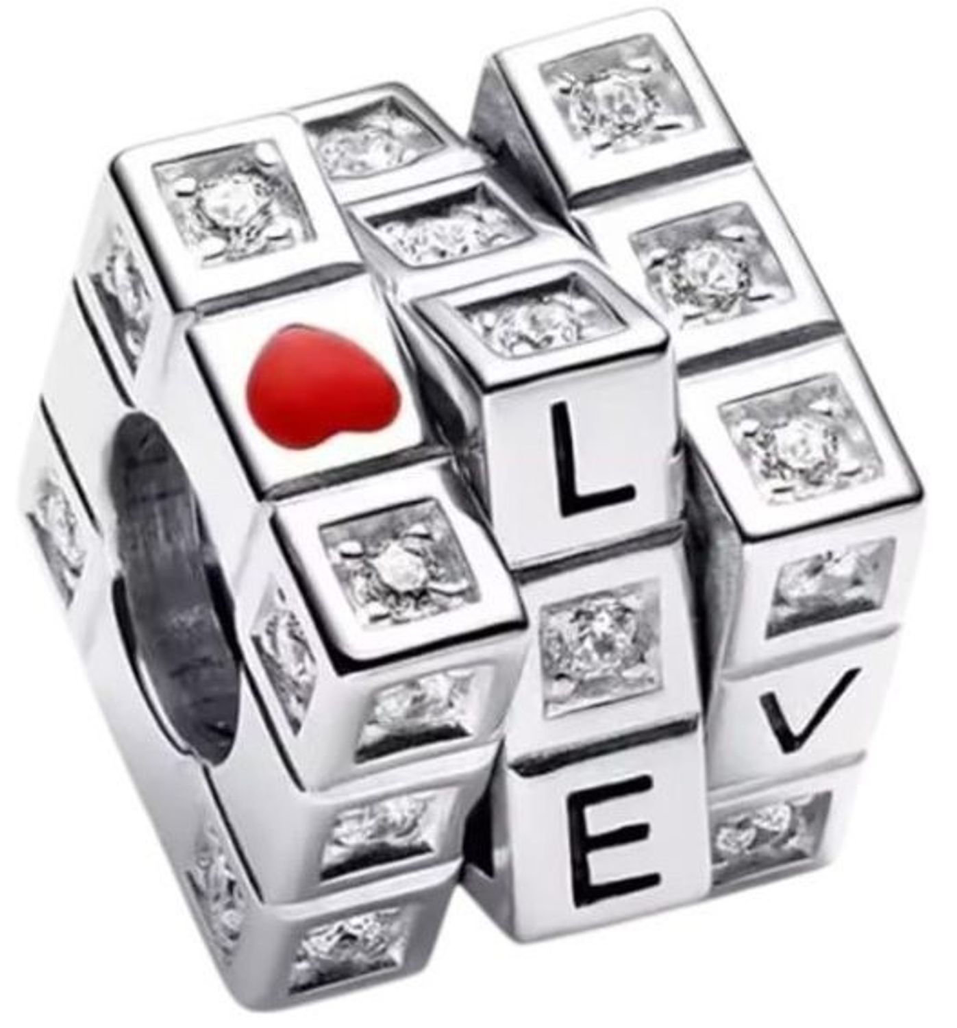 Wyjątkowa zawieszka charms w kształcie kostki Rubika z napisem „LOVE”. Srebro rodowane Ag 925, białe cyrkonie, czerwone serduszko. Idealna na prezent!1.jpg