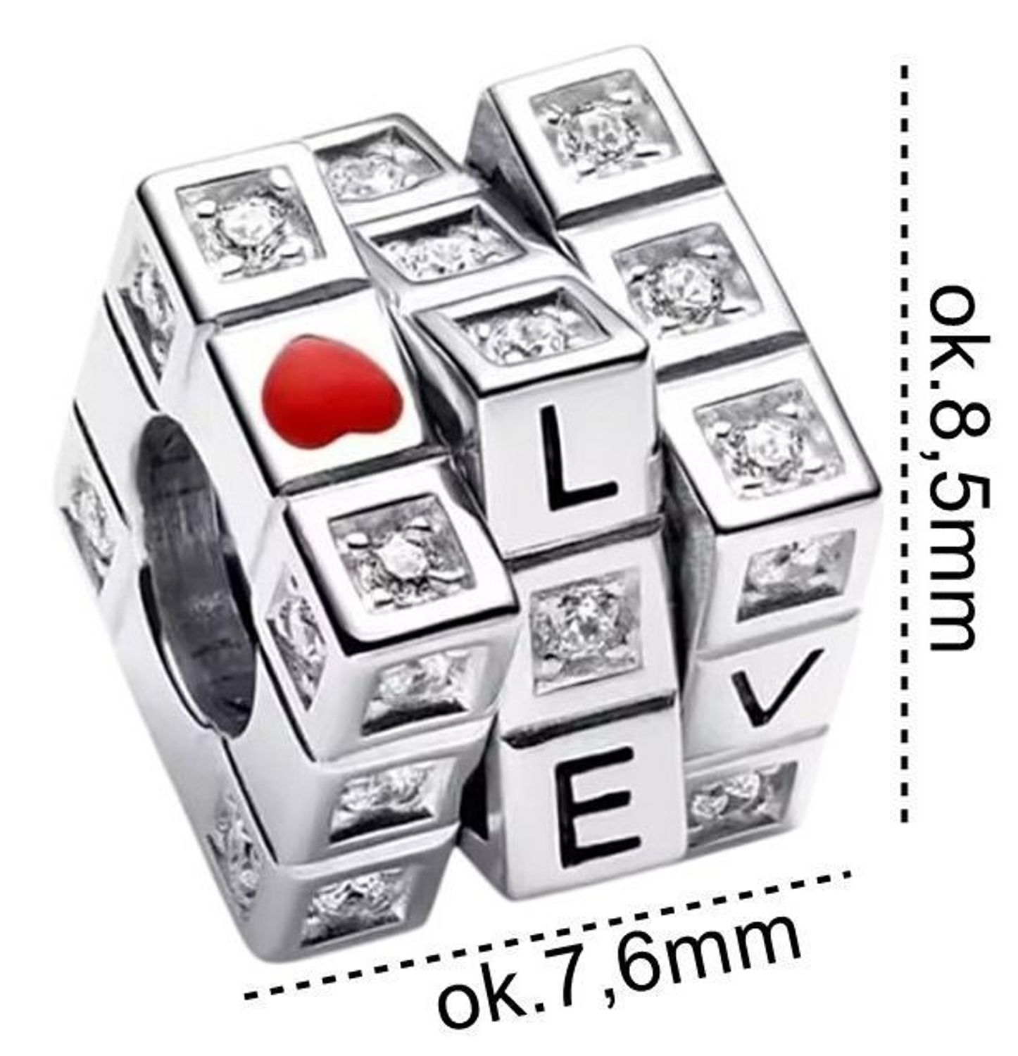 Wyjątkowa zawieszka charms w kształcie kostki Rubika z napisem „LOVE”. Srebro rodowane Ag 925, białe cyrkonie, czerwone serduszko. Idealna na prezent!1.jpg