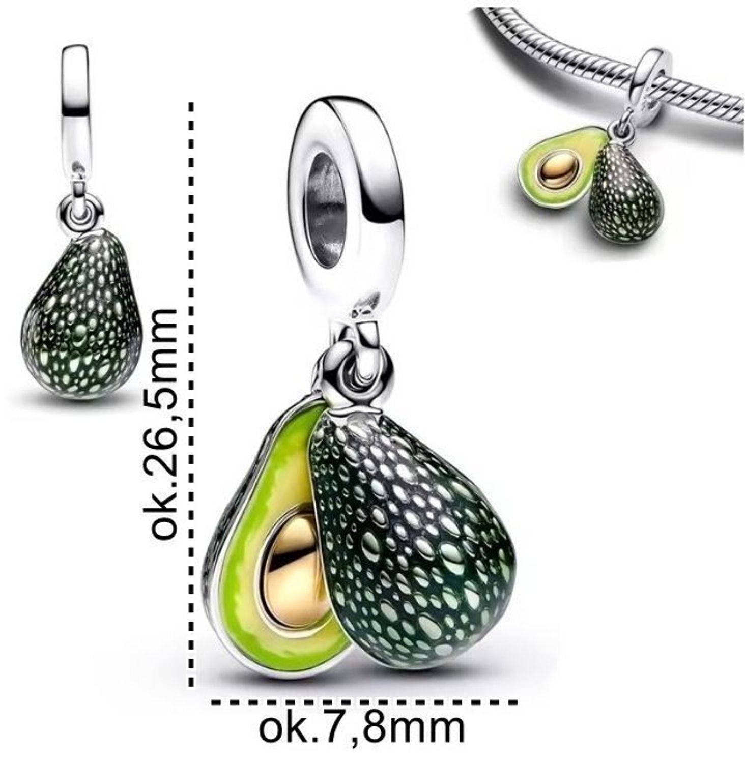 Zawieszka charms Awokado ze srebra rodowanego Ag 925 z zieloną emalią i błyszczącą pestką. Lekki, zabawny dodatek dla fanek stylu i zdrowia!1.jpg