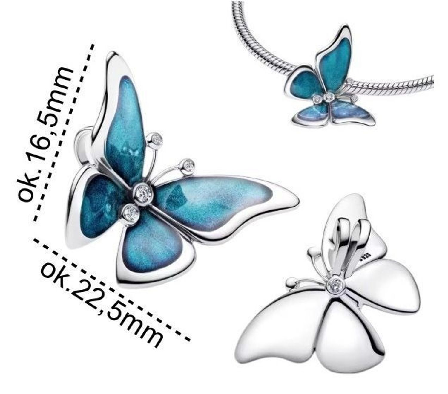 Zawieszka charms Motyl z niebieską emalią i cyrkoniami. Wykonana ze srebra rodowanego Ag 925. Symbol lekkości i przemiany – idealna na prezent!2.jpg