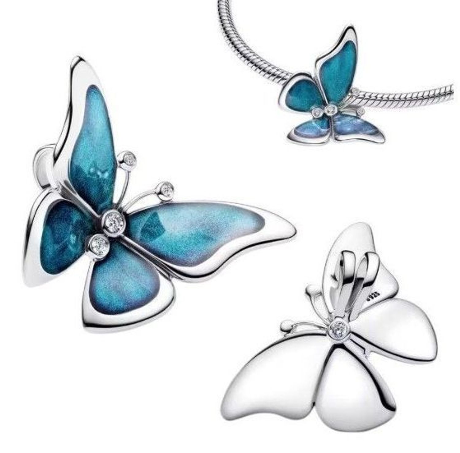 Zawieszka charms Motyl z niebieską emalią i cyrkoniami. Wykonana ze srebra rodowanego Ag 925. Symbol lekkości i przemiany – idealna na prezent!2.jpg