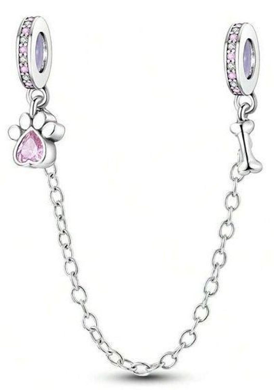 Srebrny łańcuszek zabezpieczający Ag 925 z odciskiem łapy i kostką. Rodowany, trwały i elegancki dodatek do bransoletek i charmsów, długość całkowita 60 mm, waga 3,9 g.1.jpg