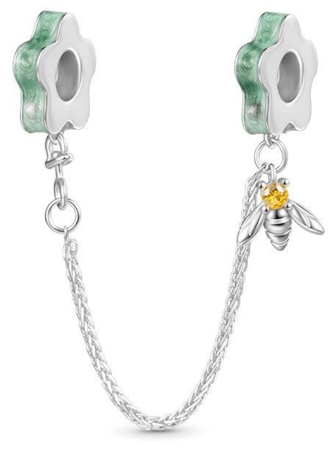 Srebrny łańcuszek zabezpieczający Ag 925 w kształcie kwiatów z pszczołą. Rodowany, elegancki i trwały dodatek do biżuterii, długość całkowita 60 mm, waga 3,4 g.1.jpg