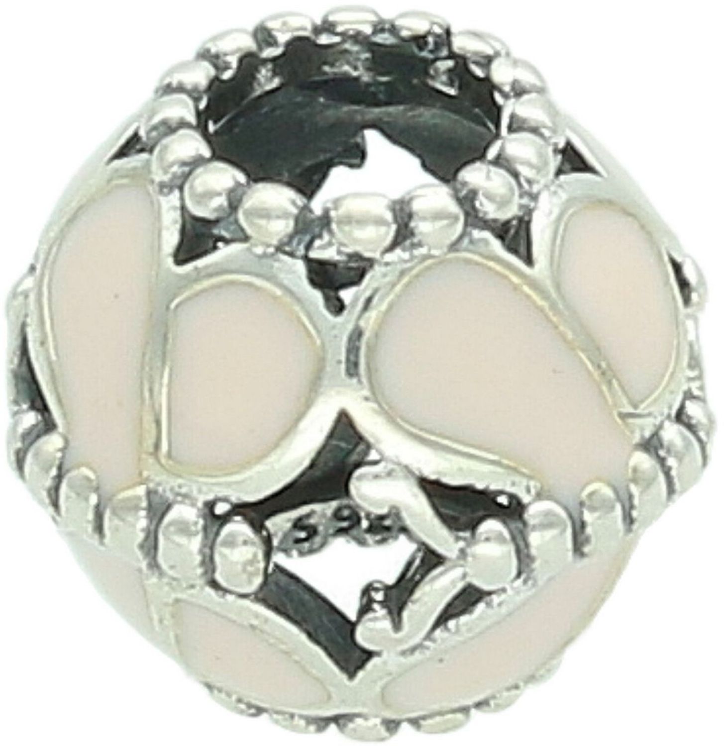 Okrągły charms srebrny próby 925 zdobiony motylkami i różową emalią. Lekki i kobiecy dodatek do bransoletki modułowej. Waga 2,20 g, wielkość 1,0 cm.10.jpg