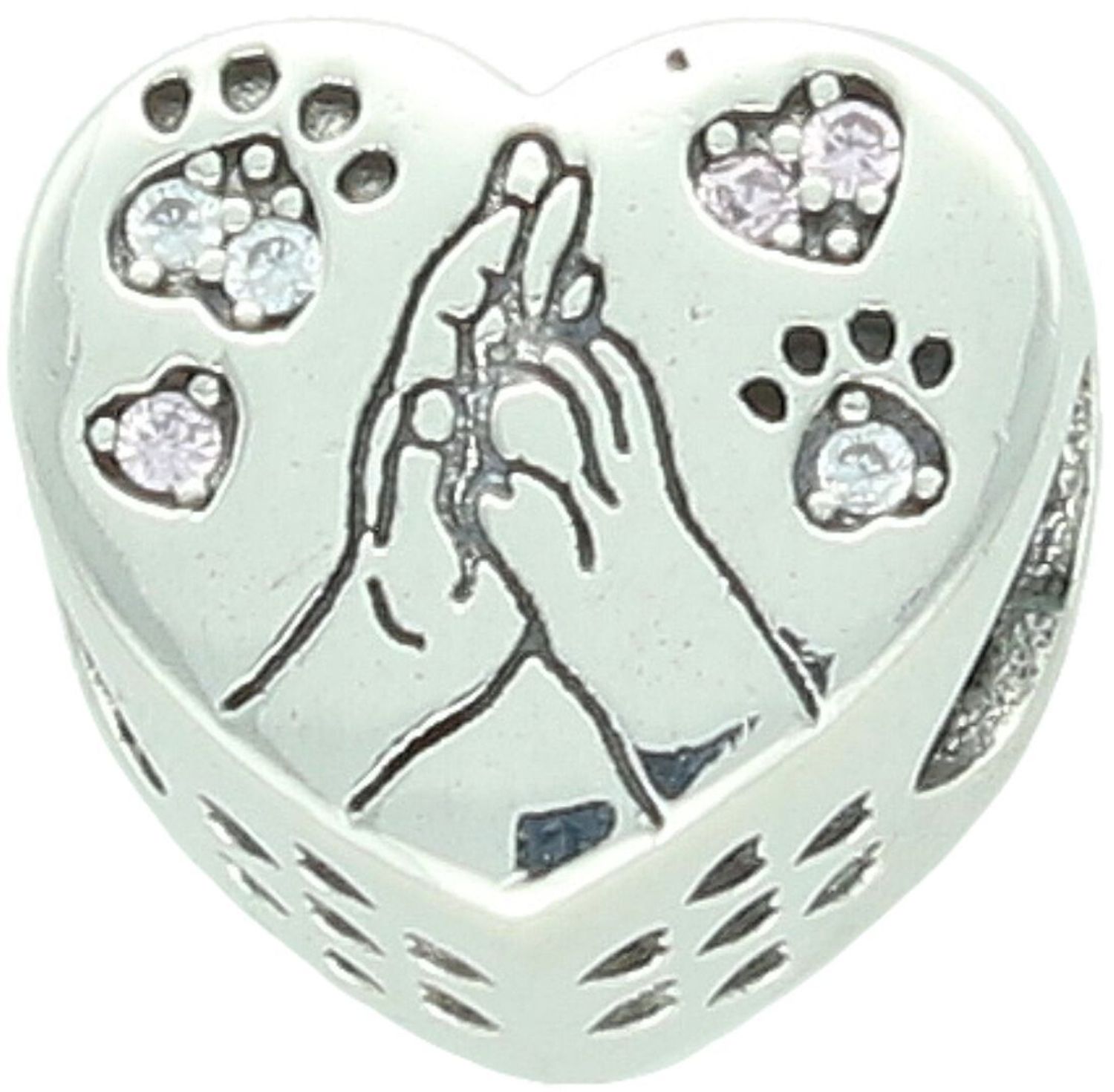 Srebrny charms 925 w kształcie serca z napisem “When I needed a hand, I found your paw” oraz motywem dłoni i psiej łapki. Symbol miłości do pupila. Idealny prezent dla miłośników psów.1.jpg
