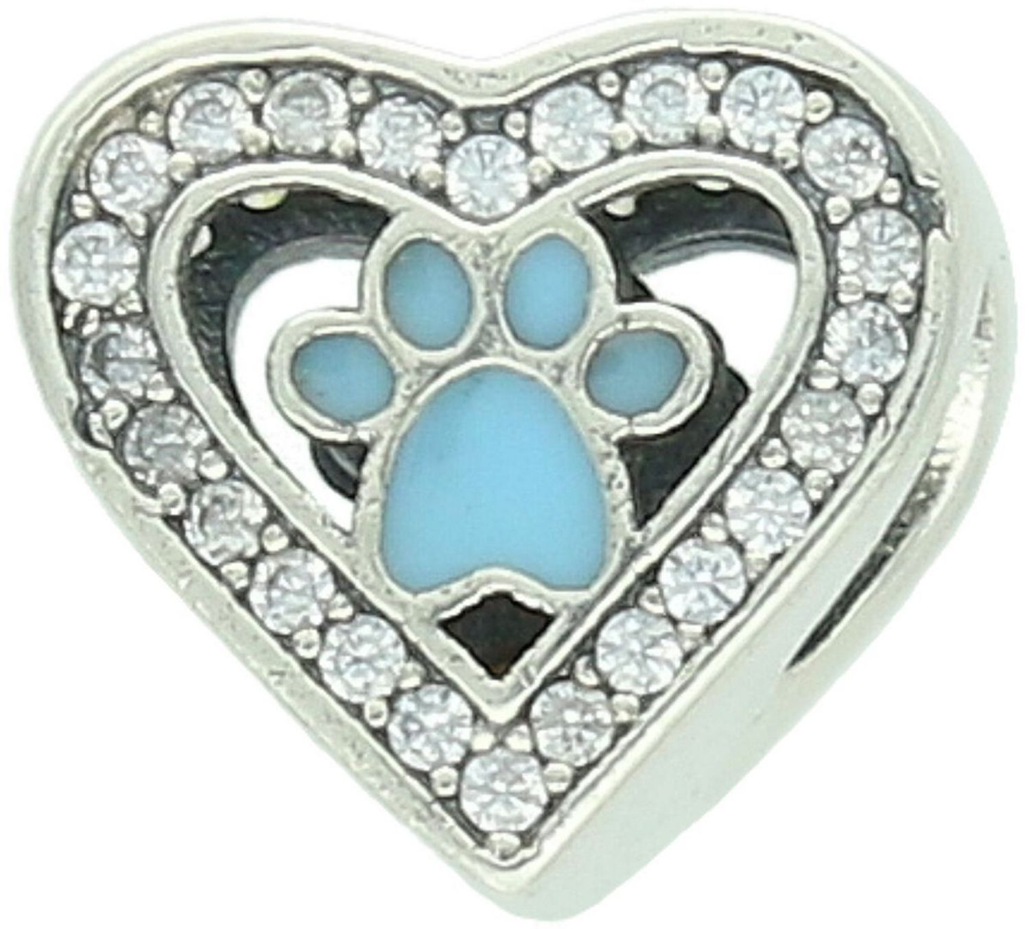 Odkryj uroczy charms srebrny próby 925 w kształcie serduszka z łapką pieska i niebieską emalią. Zdobiony cyrkoniami, idealny dla miłośniczek zwierząt. Waga 2,60 g, wielkość 1,0 cm.1.jpg