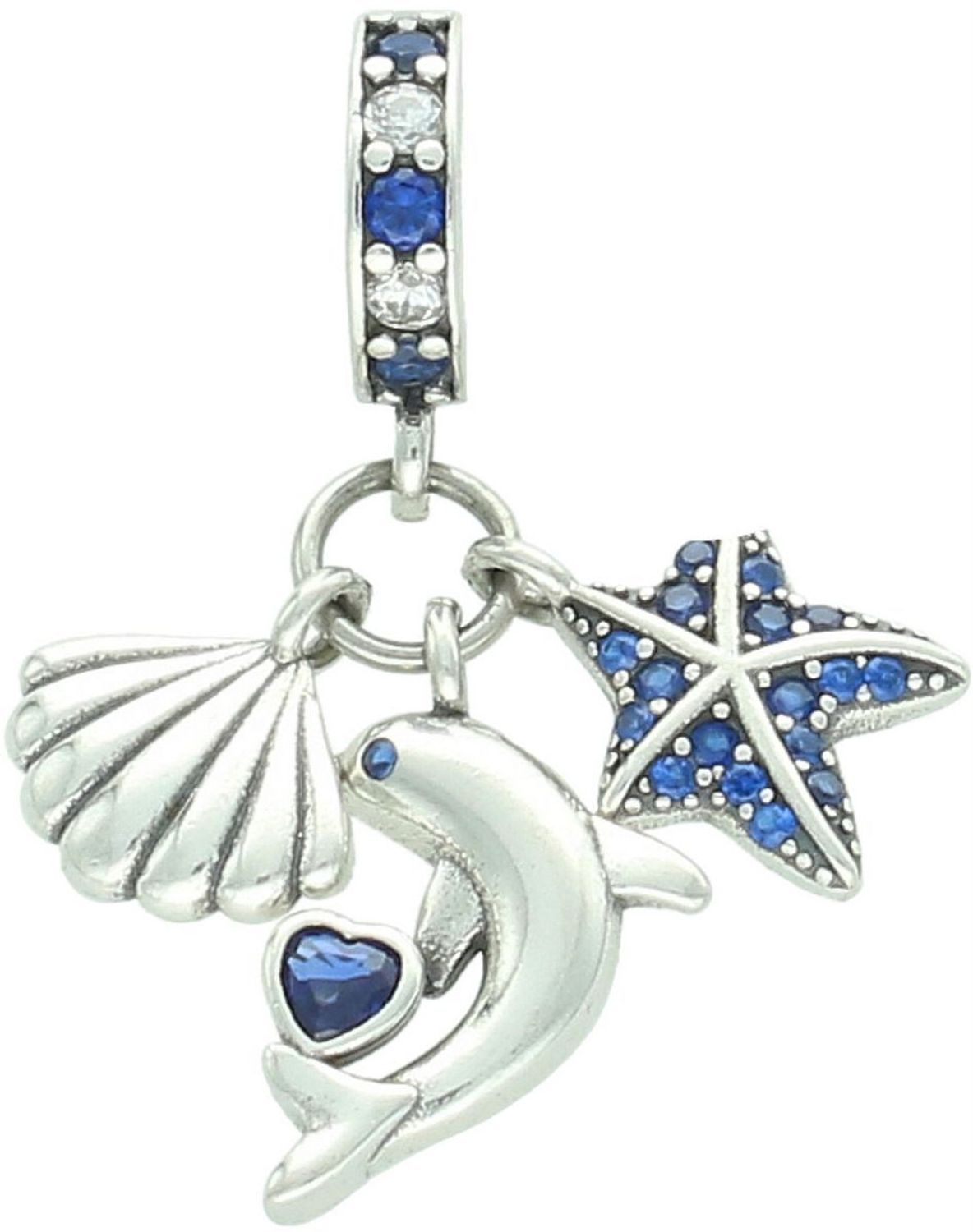Srebrny charms 925 z motywem morskim 🌊 – delfinek, rozgwiazdy i muszelki zdobione granatową cyrkonią. Dł. 2,5 cm, 3,40 g – blask lata w biżuterii!1.jpg