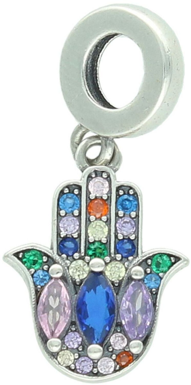 Srebrny charms 925 w kształcie ręki Fatimy 🧿 z kolorową cyrkonią. Wymiary 2,4×1,0 cm, waga 1,50 g. Symbol szczęścia i ochrony w eleganckiej formie.1.jpg