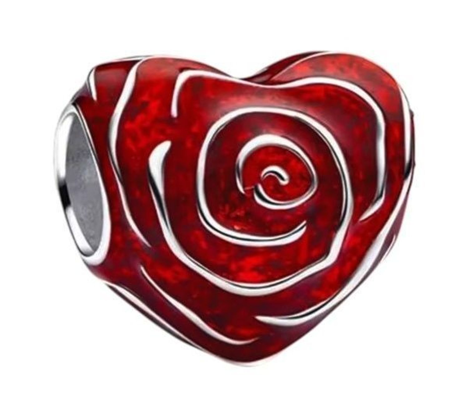 Charms srebrny próby 925 w kształcie serca z różą zdobioną czerwoną emalią. Idealny do bransoletek modułowych, symbol miłości i romantyzmu.1.jpg