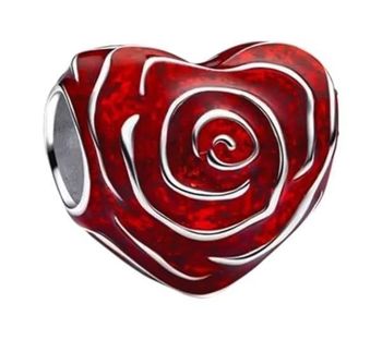Charms srebrny próby 925 w kształcie serca z różą zdobioną czerwoną emalią. Idealny do bransoletek modułowych, symbol miłości i romantyzmu.1.jpg