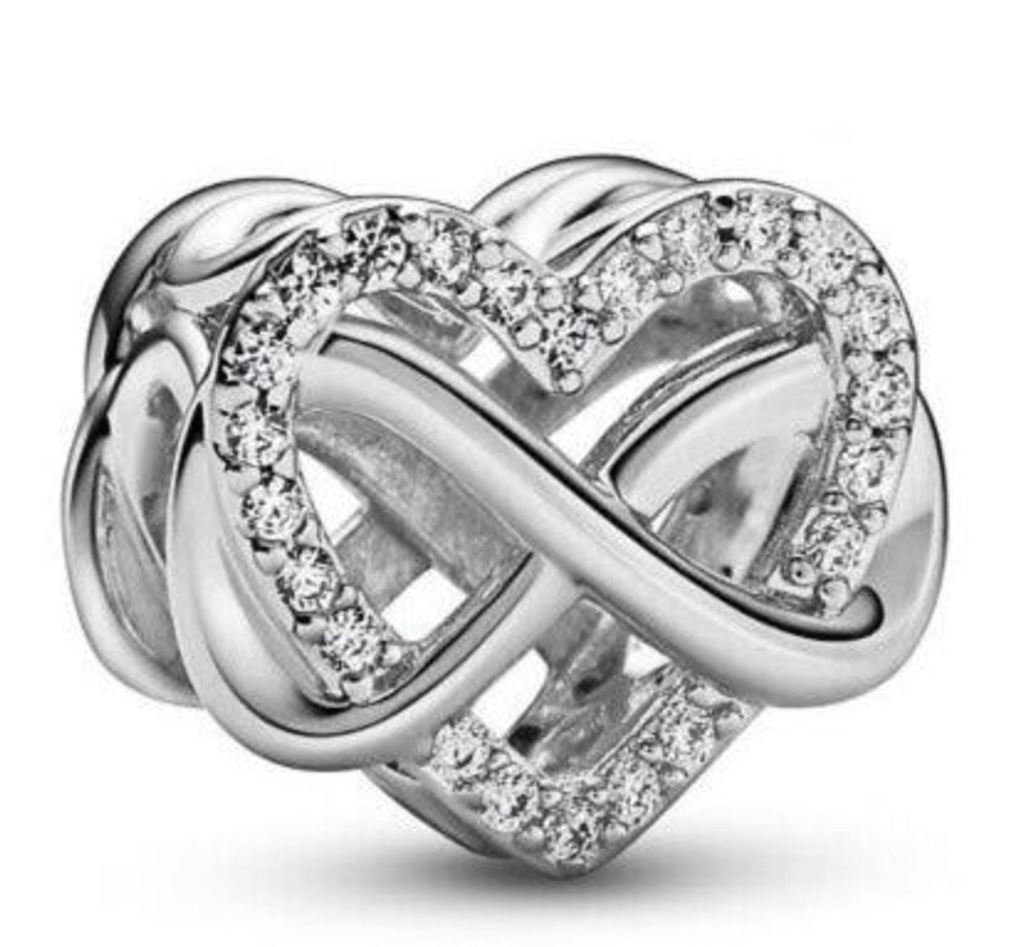 Charms srebrny próby 925 w kształcie serca z symbolem nieskończoności i cyrkoniami. Elegancki, symboliczny dodatek do bransoletek modułowych.1.jpg