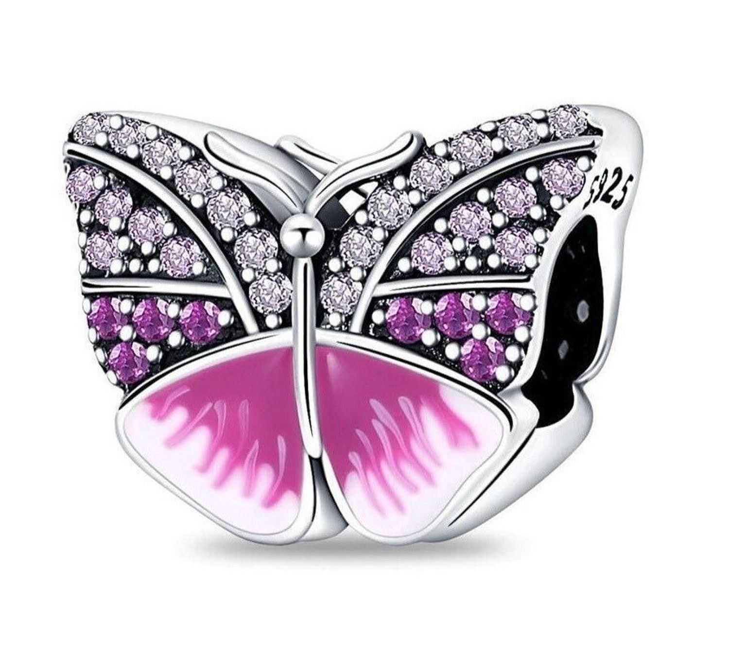 Charms srebrny próby 925 w kształcie motylka, zdobiony emalią i różowymi cyrkoniami. Subtelny, kolorowy dodatek do bransoletek modułowych.1.jpg
