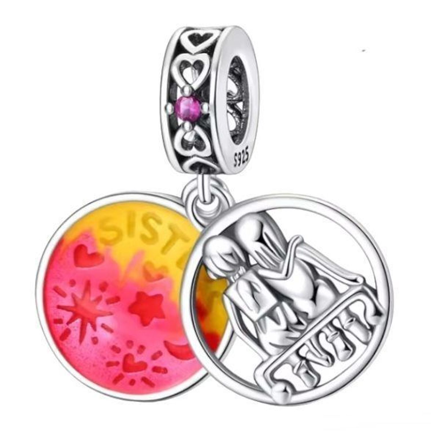 Charms srebrny próby 925 z wizerunkiem przytulonych sióstr i napisem „Sisters”. Idealny do bransoletek modułowych, symbol miłości i więzi między siostrami.1.jpg