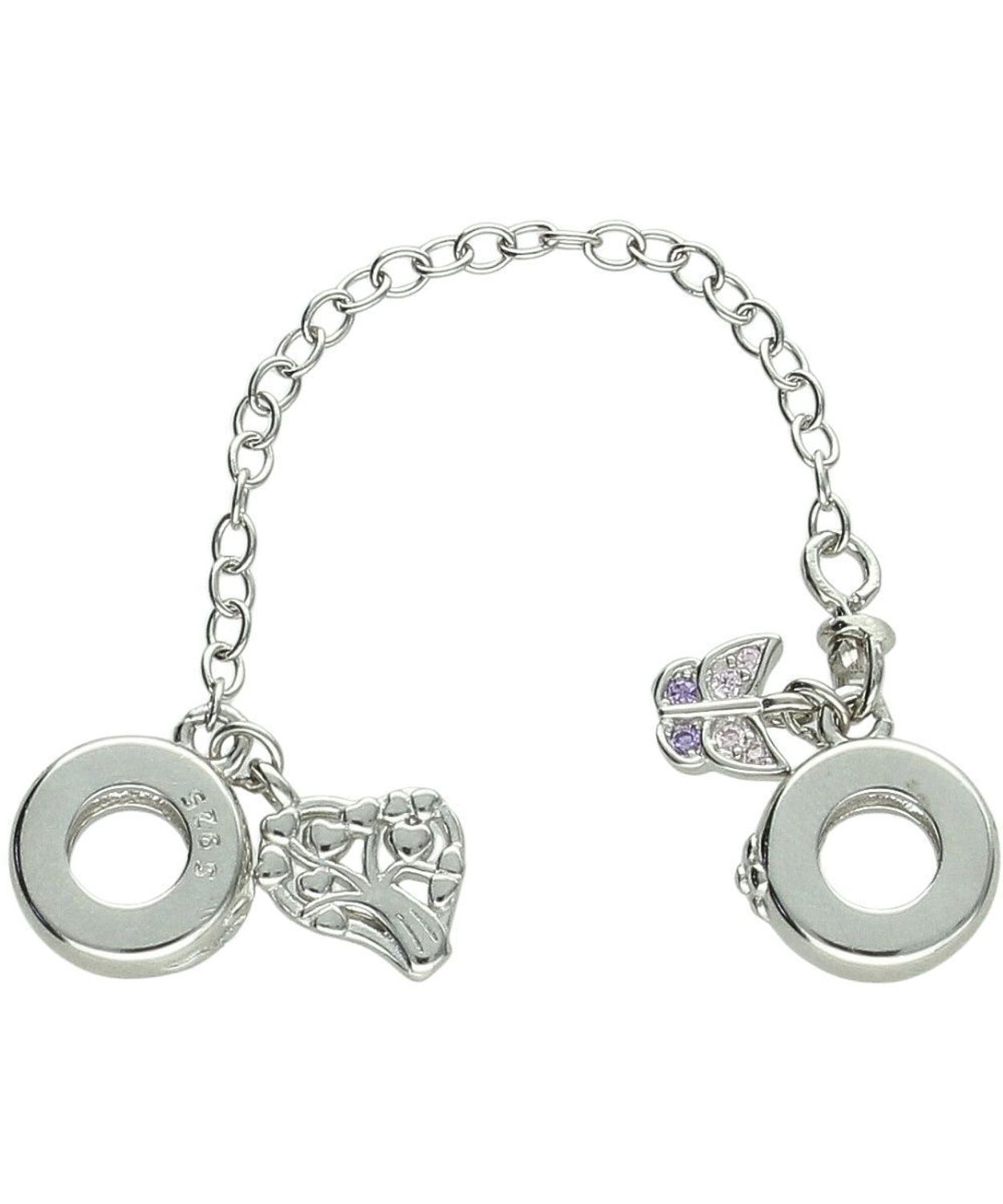 Łańcuszek zabezpieczający srebro 925 z wiszącym serduszkiem i motylkiem zdobionym cyrkoniami. Funkcjonalny i elegancki dodatek do bransoletek modułowych.1.jpg