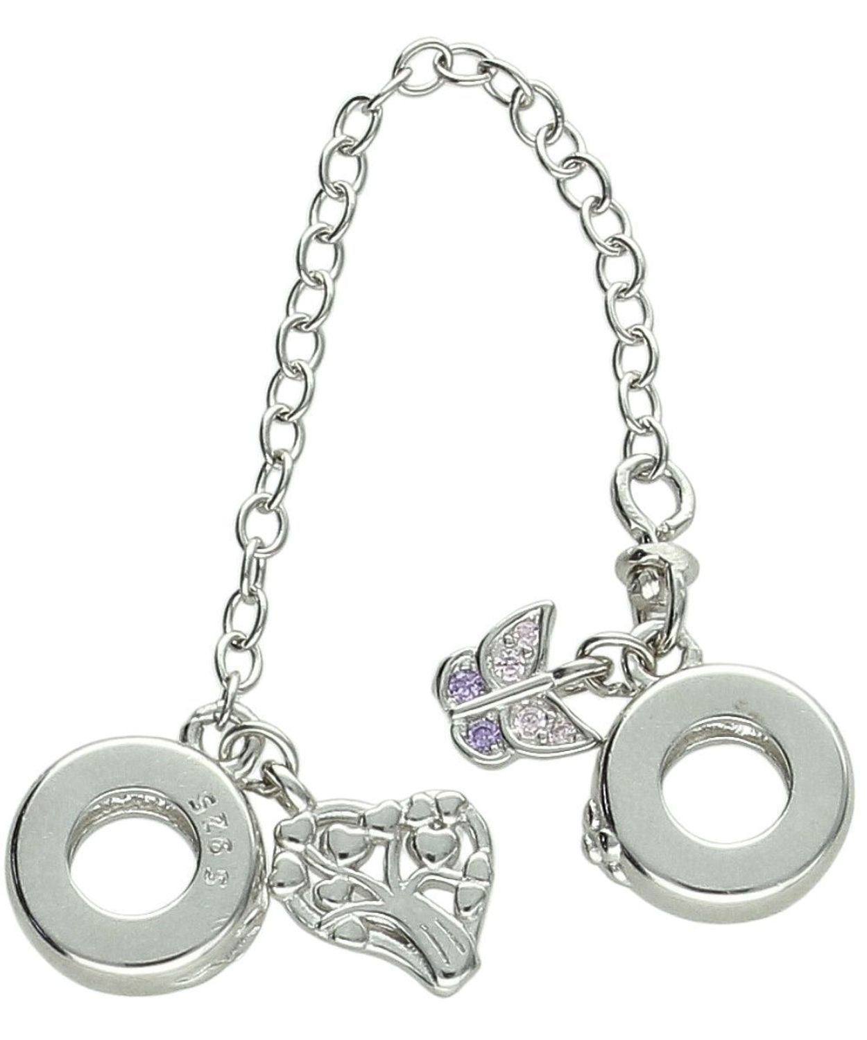 Łańcuszek zabezpieczający srebro 925 z wiszącym serduszkiem i motylkiem zdobionym cyrkoniami. Funkcjonalny i elegancki dodatek do bransoletek modułowych.1.jpg