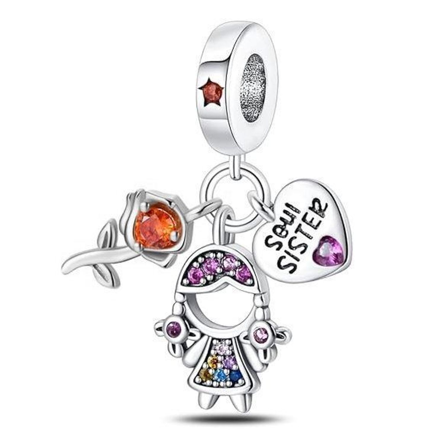 Charms srebrny próby 925 przedstawiający dziewczynkę z kwiatkiem i serduszkiem z napisem „Sister”, zdobiony kolorowymi cyrkoniami. Idealny do bransoletek modułowych, doskonały prezent dla siostry.1.jpg