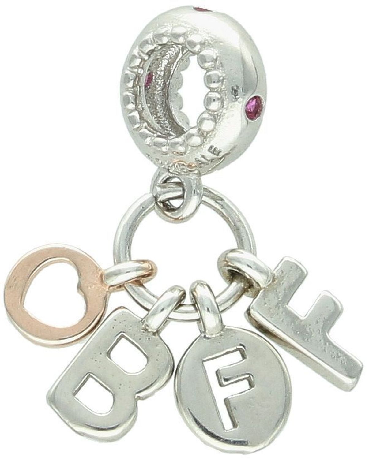 Charms srebrny próba 925, typu pandorka z wiszącym serduszkim li litrkami B, F, DIA-CHA-1866-925 Nasz sklep internetowy ze srebrną i złotą biżuterią Diament jest autoryzowanym 1.jpg