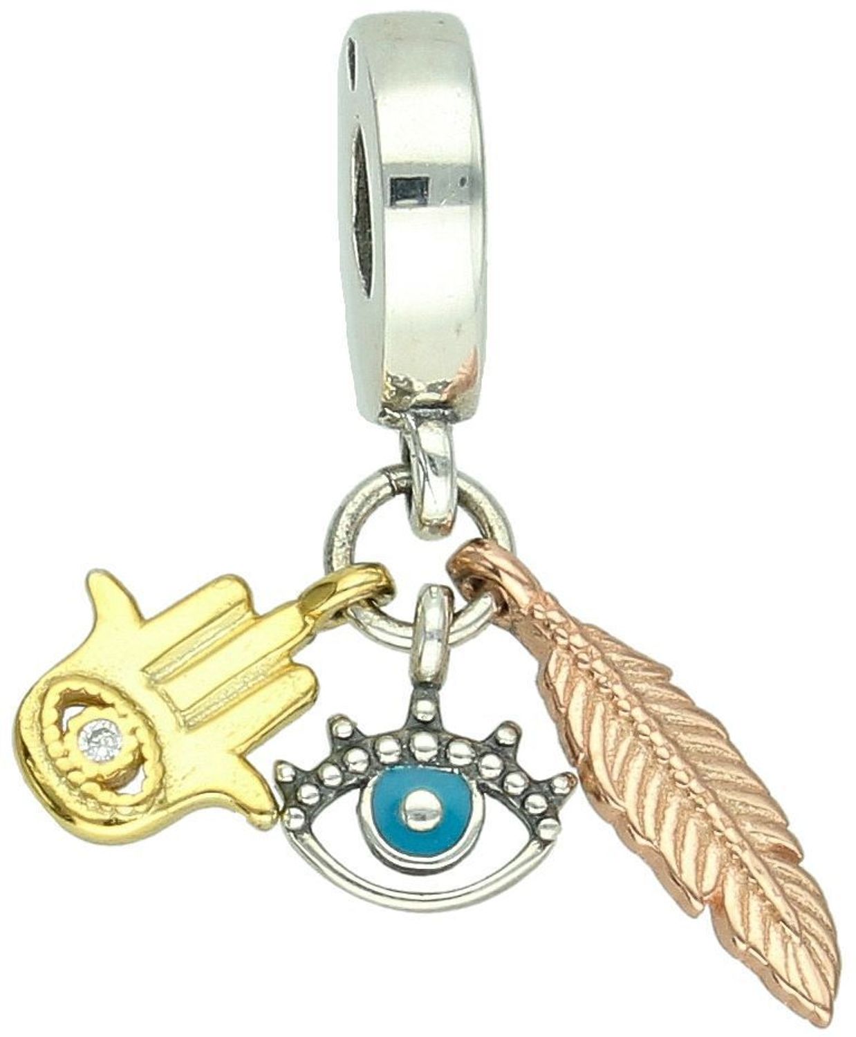 Charms srebrny próba 925, typu PANDORKA ręka fatimy, oko proroka i piórko DIA-CHA-4130-925 Ochrona, duchowość i styl w jednym! Ten wyjątkowy charms wykonany ze srebra próby 1.jpg