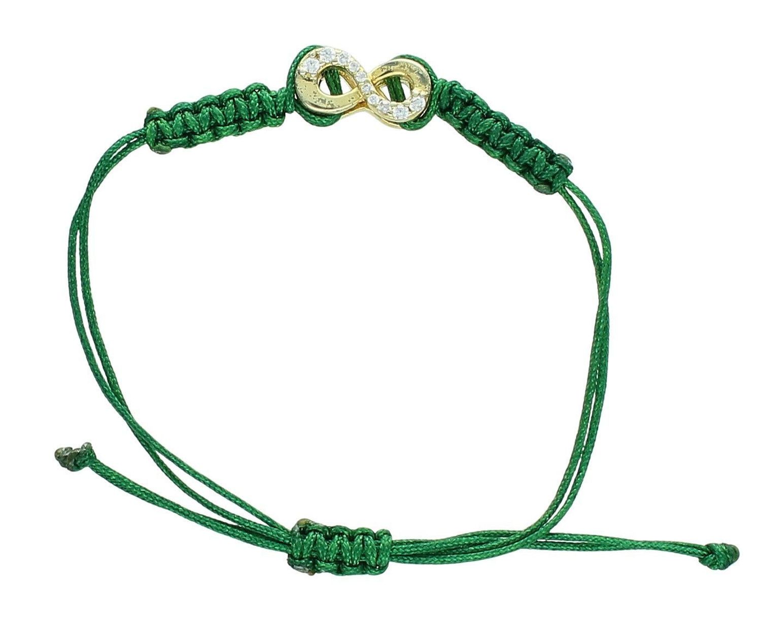 Delikatna bransoletka srebrna 925 pozłacana ze znakiem nieskończoności na zielonym sznurku, ozdobiona cyrkonią. Regulowane zapięcie ściągane, elegancka i symboliczna.1.jpg