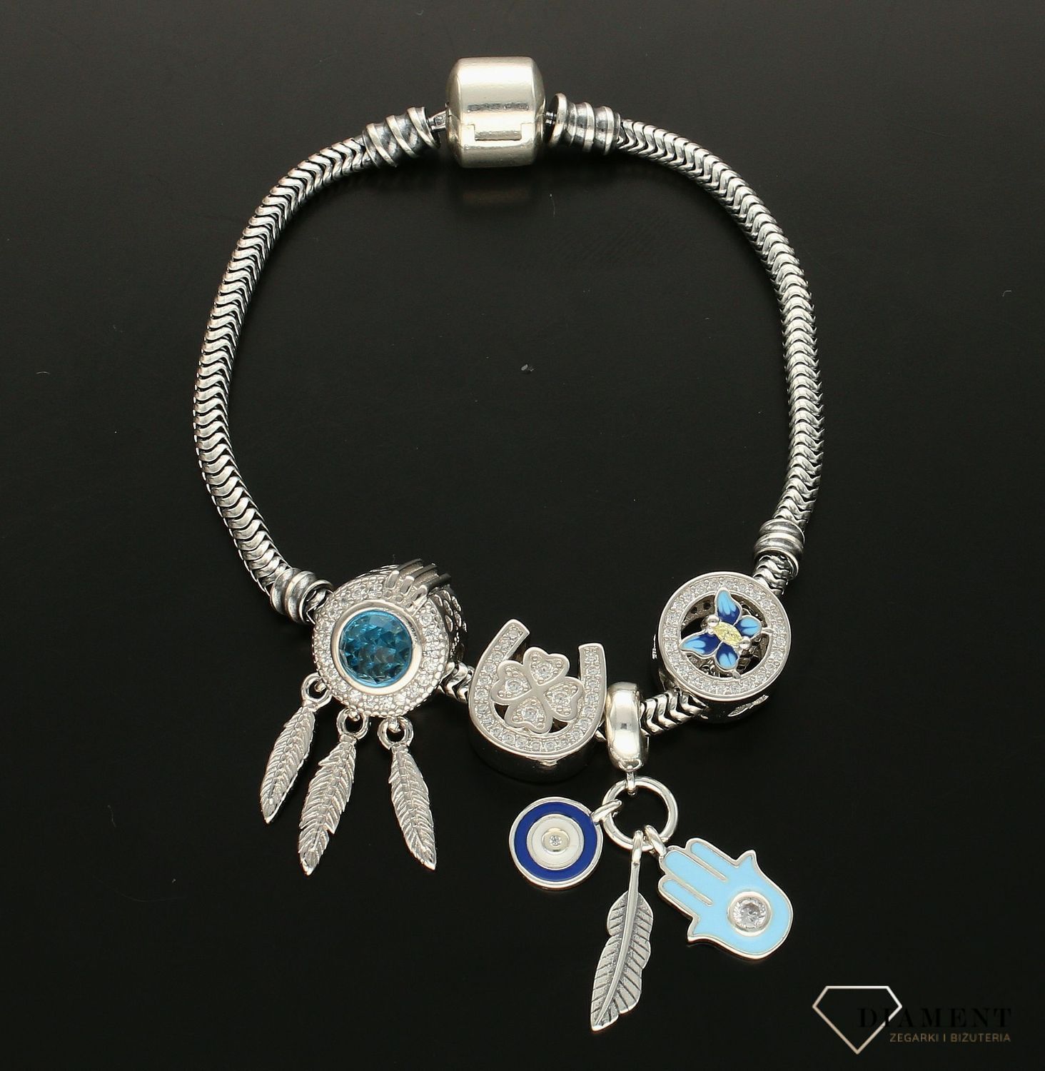 Charms Moment 'Łapacz snów' z niebieską cyrkonią. Modny charms do bransoletki. Ponadczasowa biżuteria w formie charmsów do bransoletki, pozwalająca każdej kobiecie skomponować bransoletkę wedle własnych upo.jpg