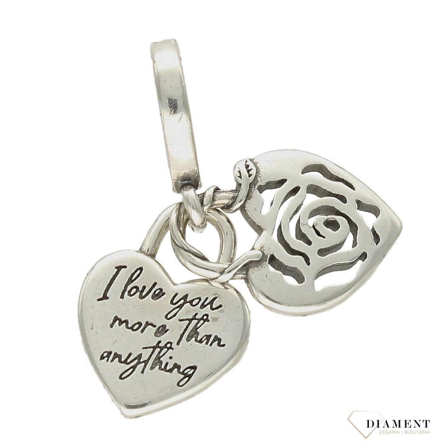 Modny charms do bransoletki z wiszącym sercem I love you z różą. Ponadczasowa biżuteria w formie charmsów do bransoletki, pozwalająca każdej kobiecie skomponować bransoletkę wedle własnych upodobań, (2).jpg