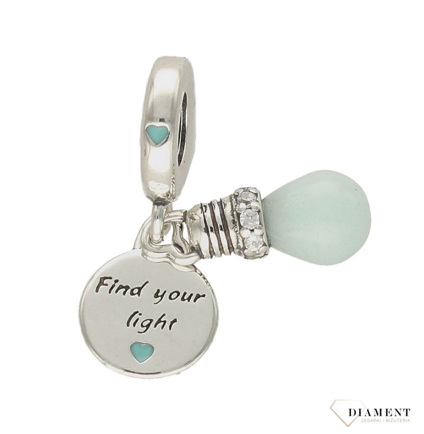 Modny charms do bransoletki okrągły z napisem znajdź swoje światło z zawieszką żarówką. Ponadczasowa biżuteria w formie charmsów do bransoletki, pozwalająca każdej kobiecie skomponować bransoletkę wedle wła.jpg