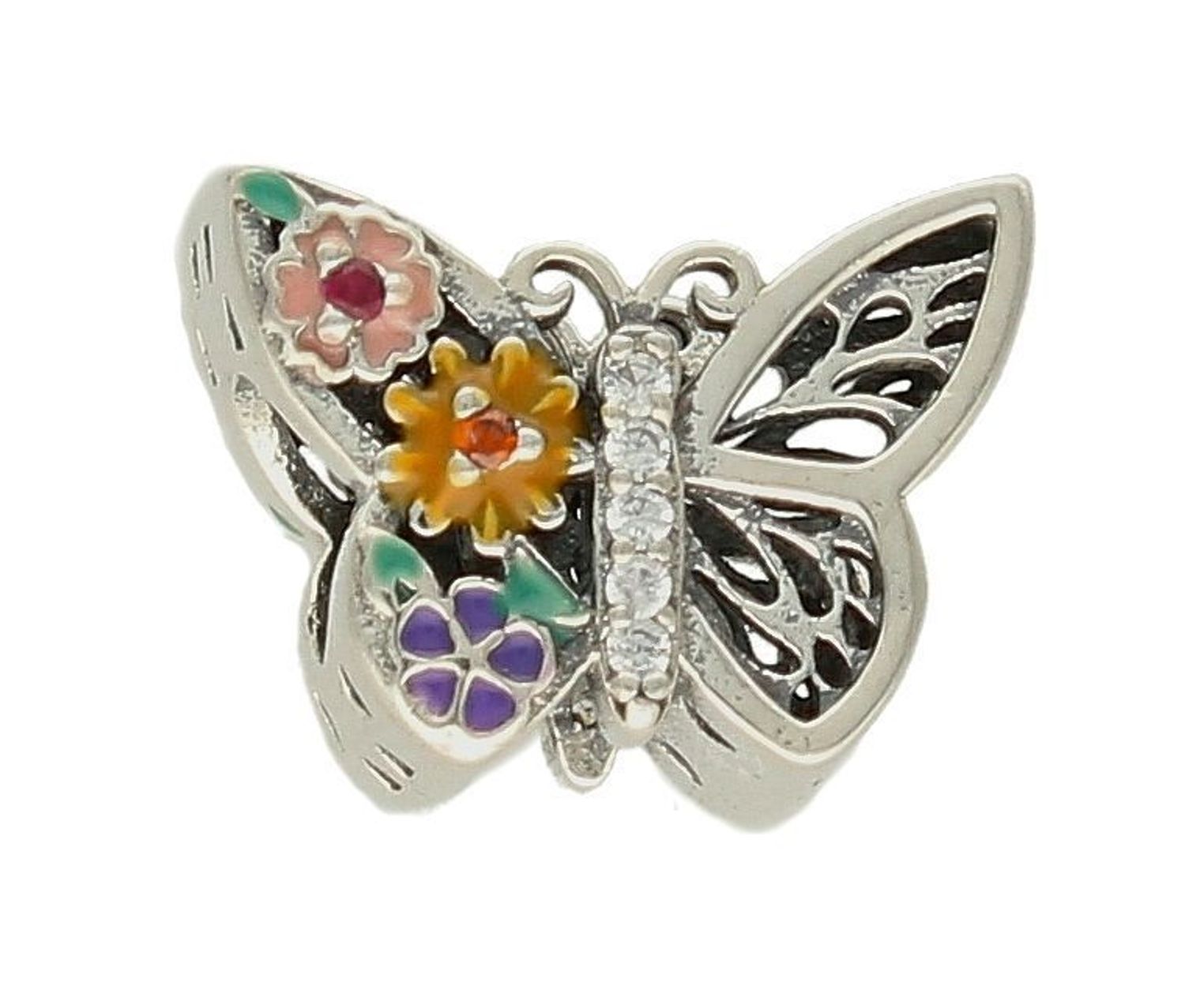 Charms Moments srebrny 925 'Motylek z kolorowymi kwiatkami' DIA-CHA-9541-925. Zawieszka wykonana została ze srebra próby 925. To idealny charms na prezent. Charms do bransoletki typu Pandora.  (1).jpg