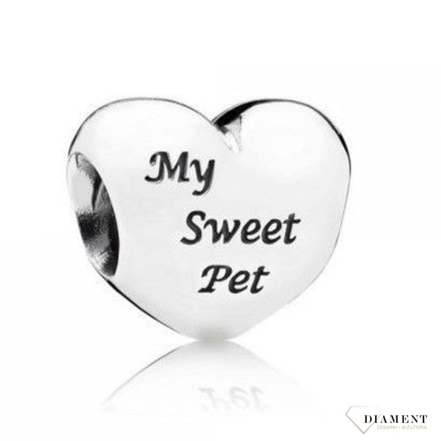 Charms Moments srebrny 925 serce w łapki z napisem My sweet pet. Charms do bransoletki. Srebrny charms do bransoletki typu Pandora. Charms do bransoletki modułowej. Charms srebrny na prezent.1.jpg