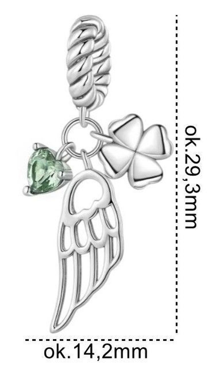 Charms srebrny 925 z trzema zawieszkami – serce, skrzydło i koniczynka. Rodowane srebro, zielona cyrkonia. Symbol szczęścia, miłości i wolności. Model DIA-CHA-IM00160624CH-925.11.jpg