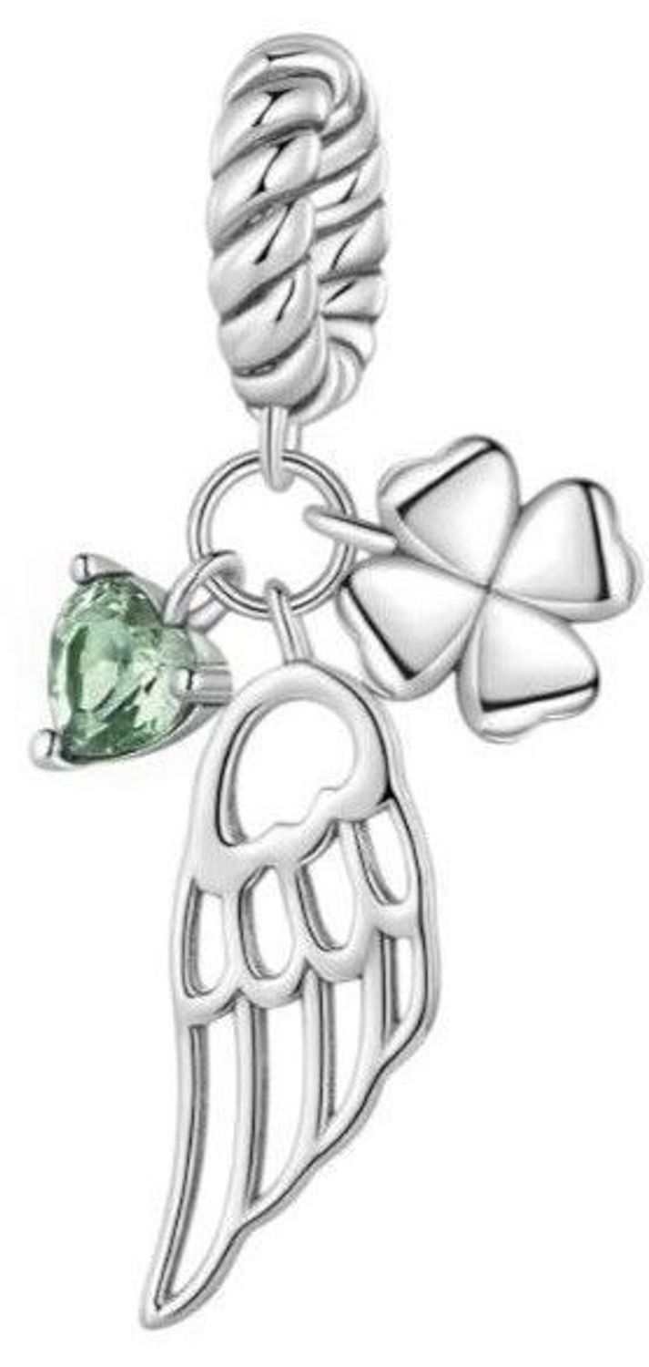 Charms srebrny 925 z trzema zawieszkami – serce, skrzydło i koniczynka. Rodowane srebro, zielona cyrkonia. Symbol szczęścia, miłości i wolności. Model DIA-CHA-IM00160624CH-925.11.jpg