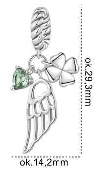 Charms srebrny 925 z trzema zawieszkami – serce, skrzydło i koniczynka. Rodowane srebro, zielona cyrkonia. Symbol szczęścia, miłości i wolności. Model DIA-CHA-IM00160624CH-925.1.jpg