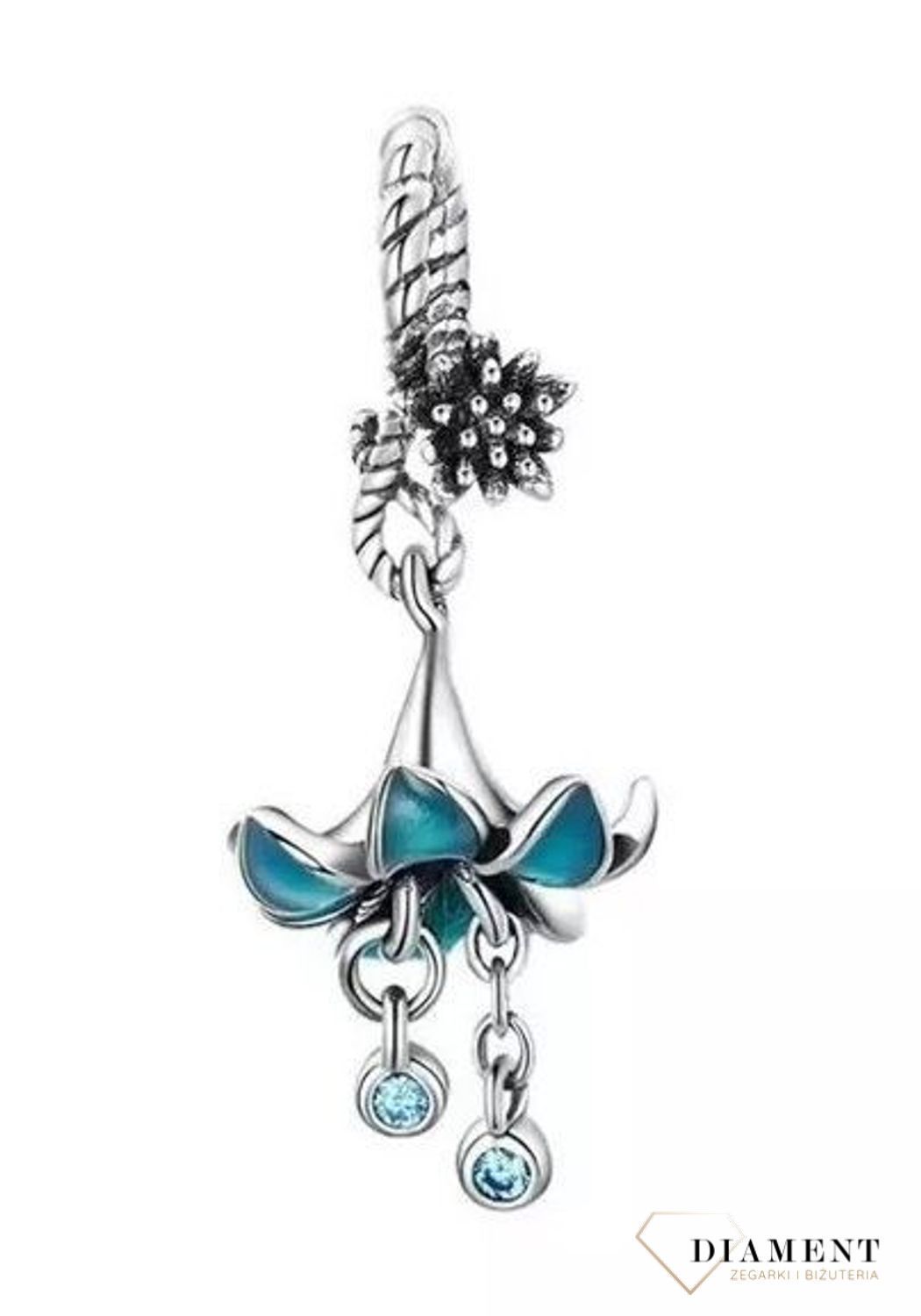 Charms Moments srebrny 925 zawieszka niebieski kwiat DIA-CHA-IM0030623CH-925. Charms do bransoletki typu Pandora. Charms do bransoletki modułowej. Charms z zawieszka. Charms niebieski kwiat. Charms do bransoletki na prezent..jpg