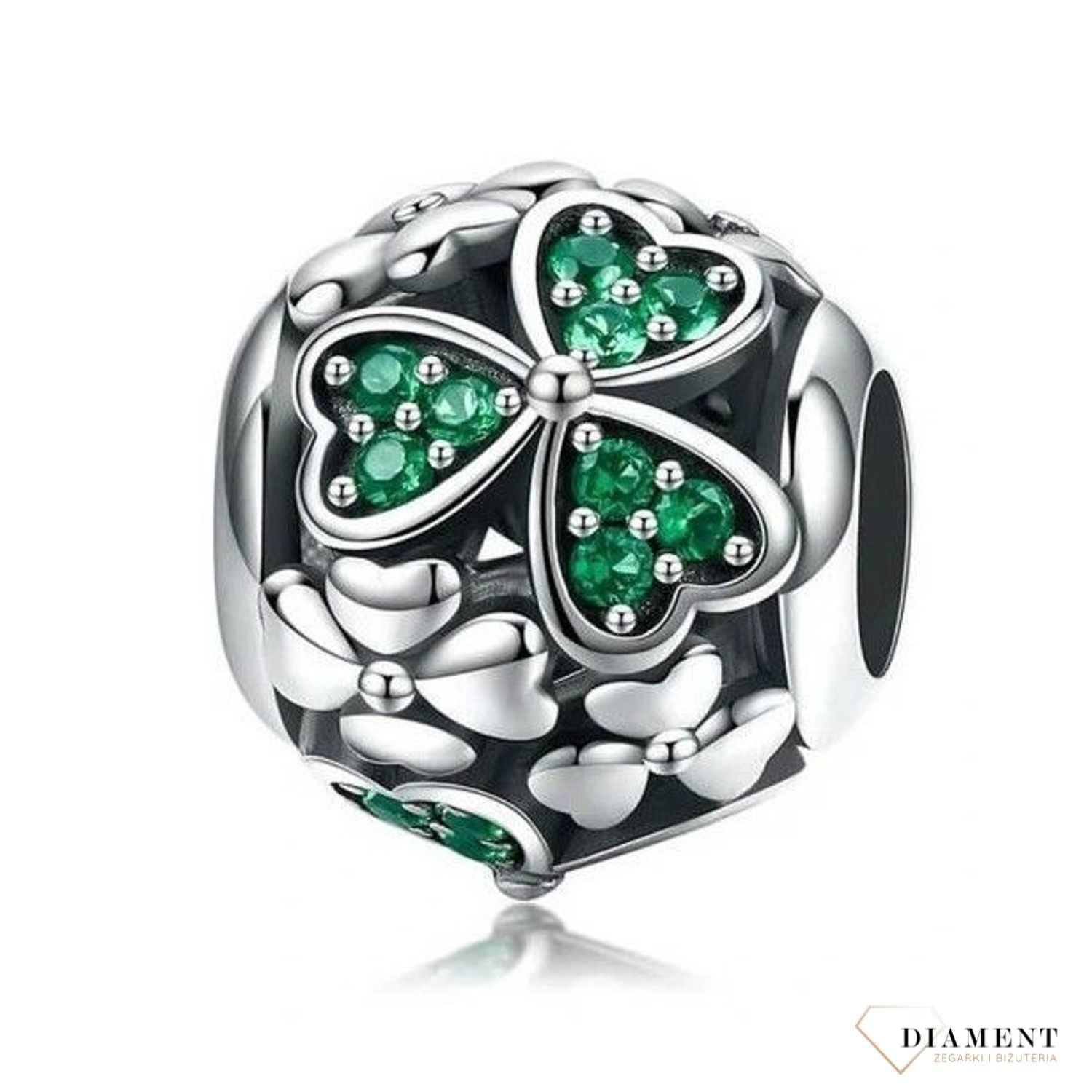 Charms Moments srebrny 925 Koniczyna DIA-CHA-IM0070123CH-925. Srebrna zawieszka damska. Zawieszka do bransoletki. Srebrna zawieszka charms. Charms do bransoletki modułowej. Charms do bransoletki typu Pandora. Charms na prezent..jpg