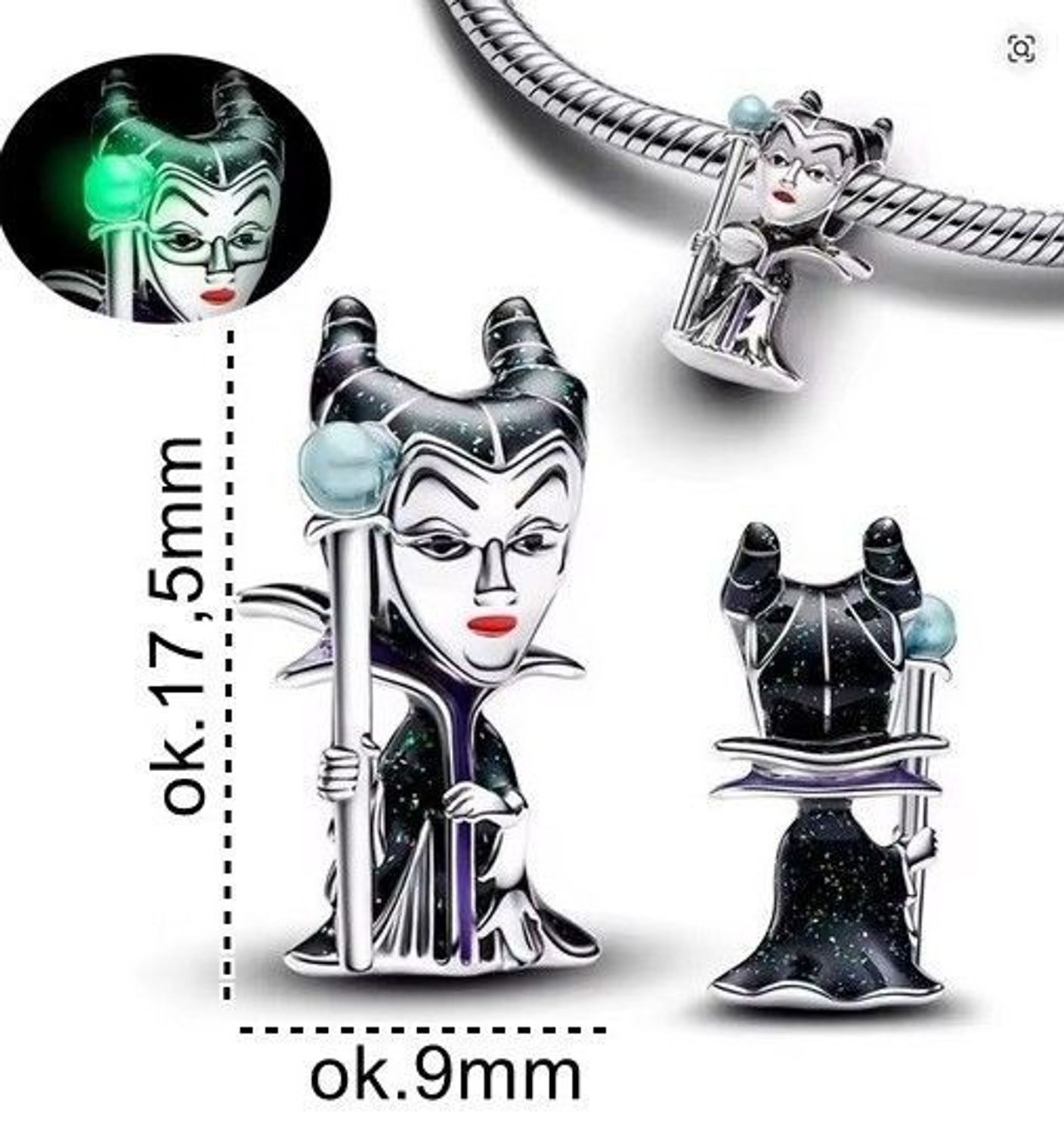 Zawieszka charms Diabolina z berłem świecącym w ciemności, wykonana ze srebra próby 925. Idealna do bransoletek i naszyjników. Dodaj odrobinę magii do swojej kolekcji!3.jpg