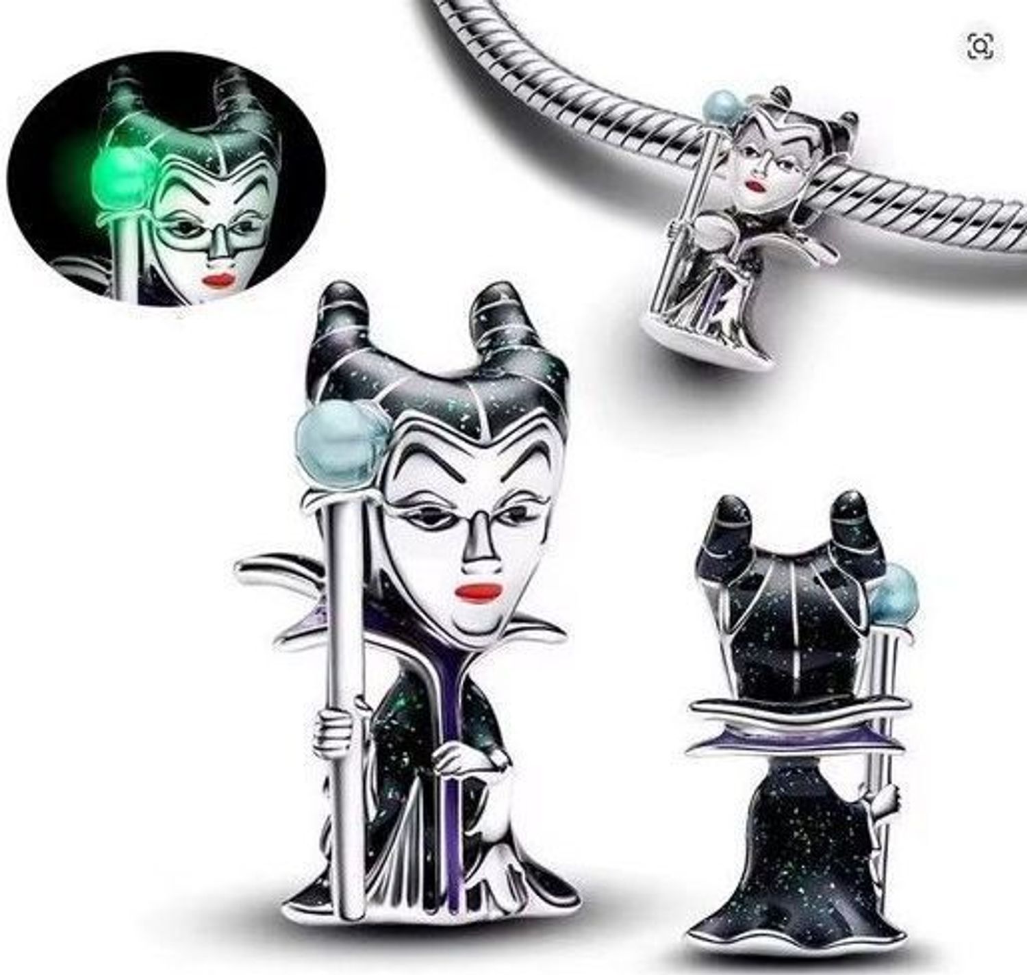 Zawieszka charms Diabolina z berłem świecącym w ciemności, wykonana ze srebra próby 925. Idealna do bransoletek i naszyjników. Dodaj odrobinę magii do swojej kolekcji!3.jpg