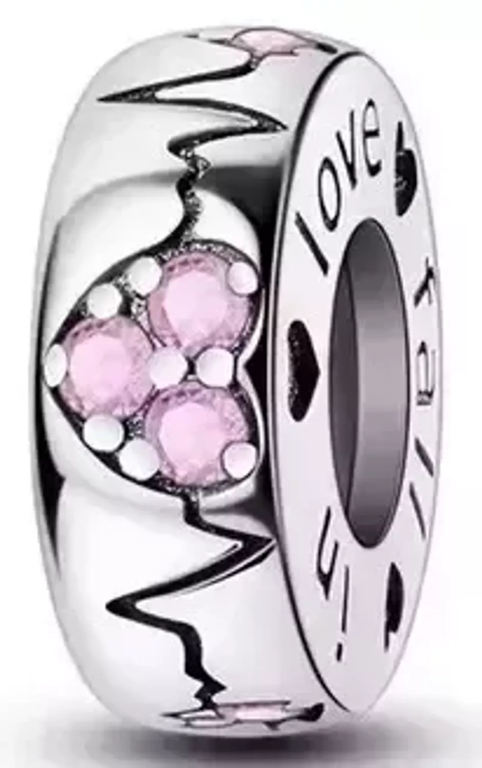 Delikatna srebrna zawieszka charms z motywem linii życia, sercem z różowych cyrkonii i napisem „Love – Faith”. Pasuje do bransoletek modułowych i naszyjników.1.webp