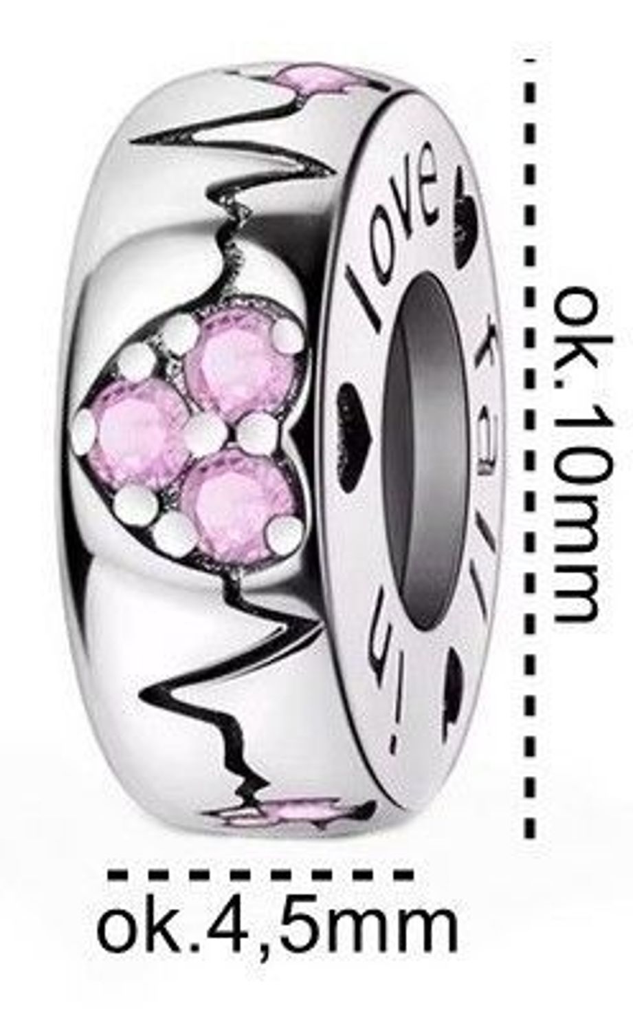 Delikatna srebrna zawieszka charms z motywem linii życia, sercem z różowych cyrkonii i napisem „Love – Faith”. Pasuje do bransoletek modułowych i naszyjników.1.webp