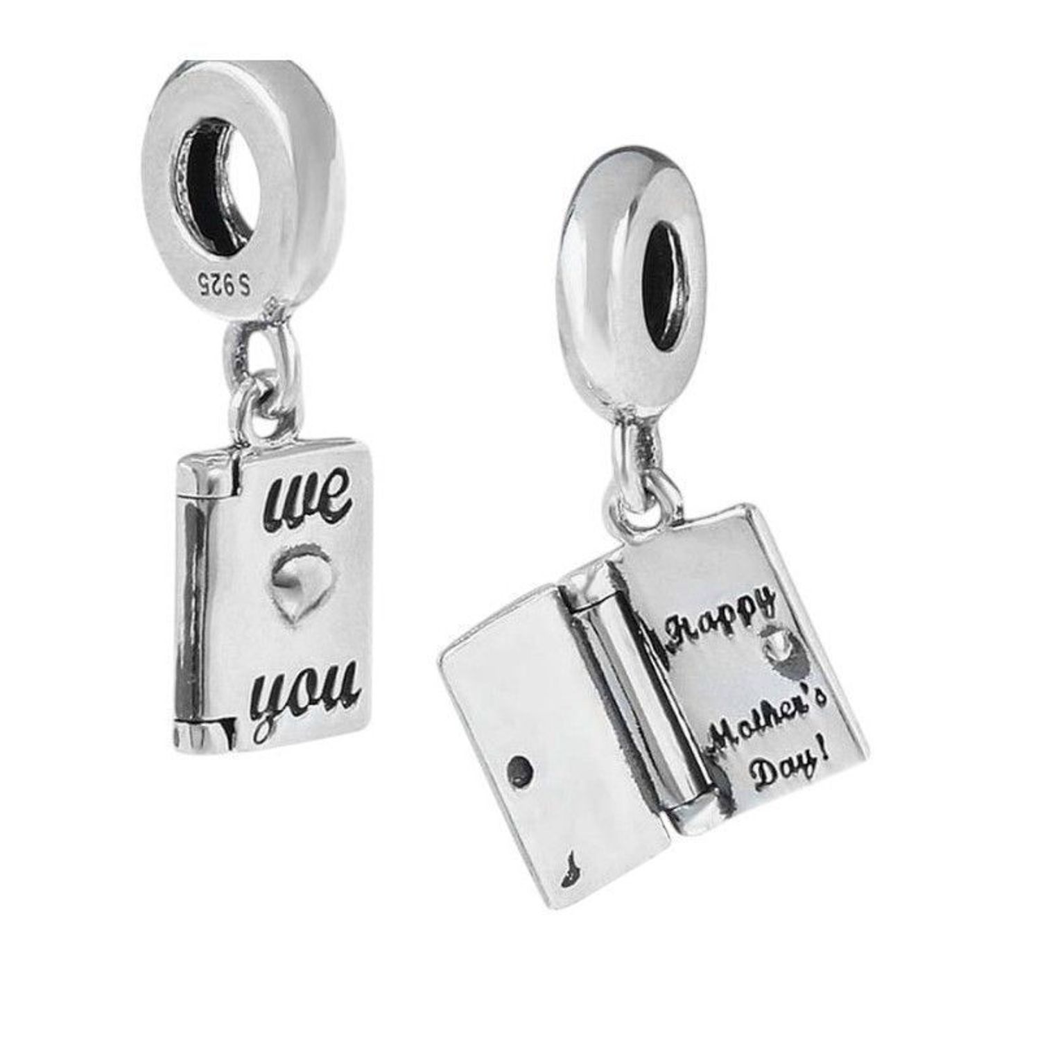 Srebrny charms Ag 925 w kształcie książeczki CB226 – idealny prezent na Dzień Mamy. Rodowany, elegancki, wymiary 12,3 × 8 mm, waga 2,8 g, pasuje do bransoletek i naszyjników.1.jpg