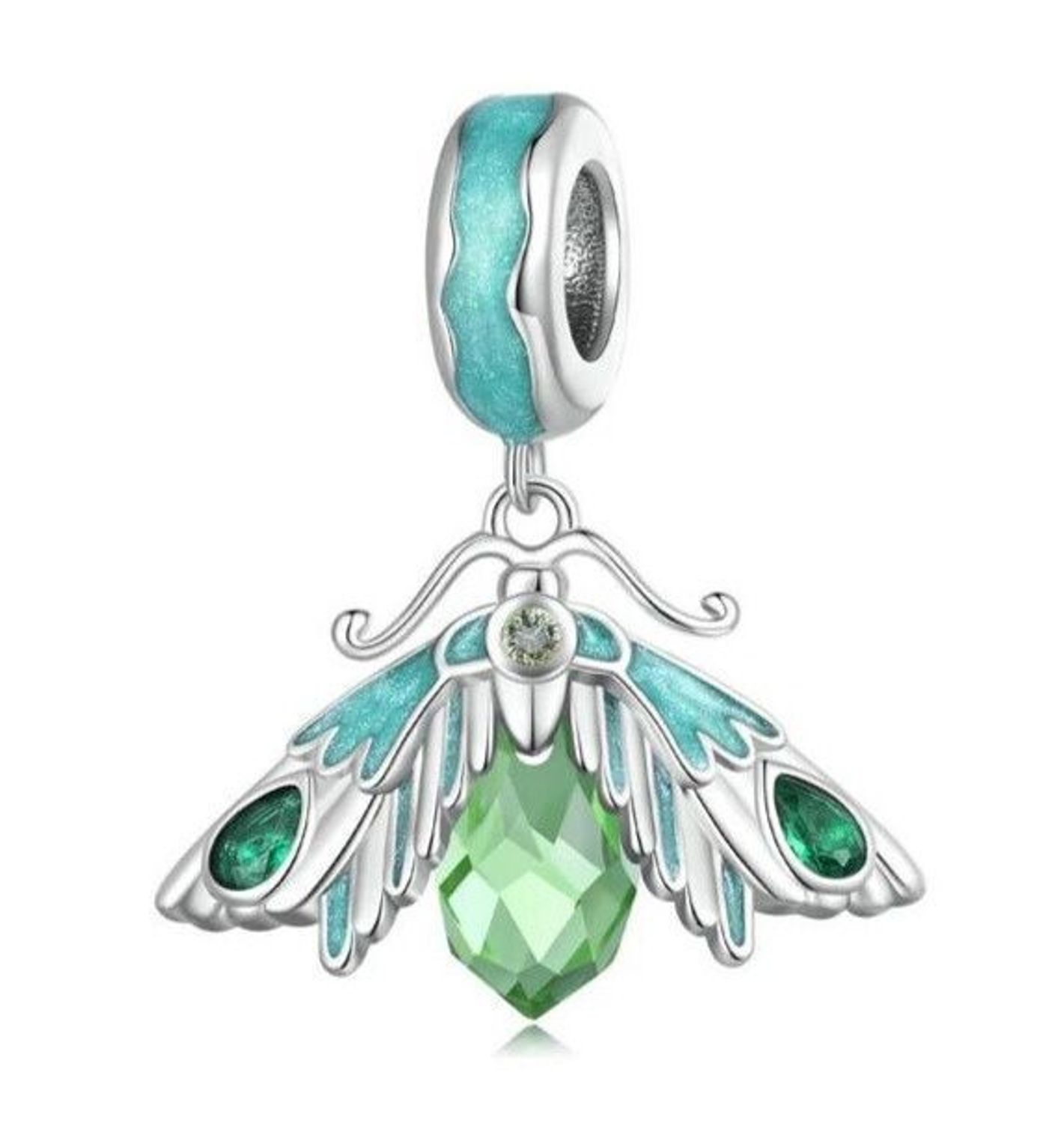 Charms srebrny próby 925 w kształcie wiszącej ćmy, zdobiony zieloną emalią i cyrkonią. Idealny do bransoletek modułowych, symbol transformacji i pozytywnej energii.1.jpg