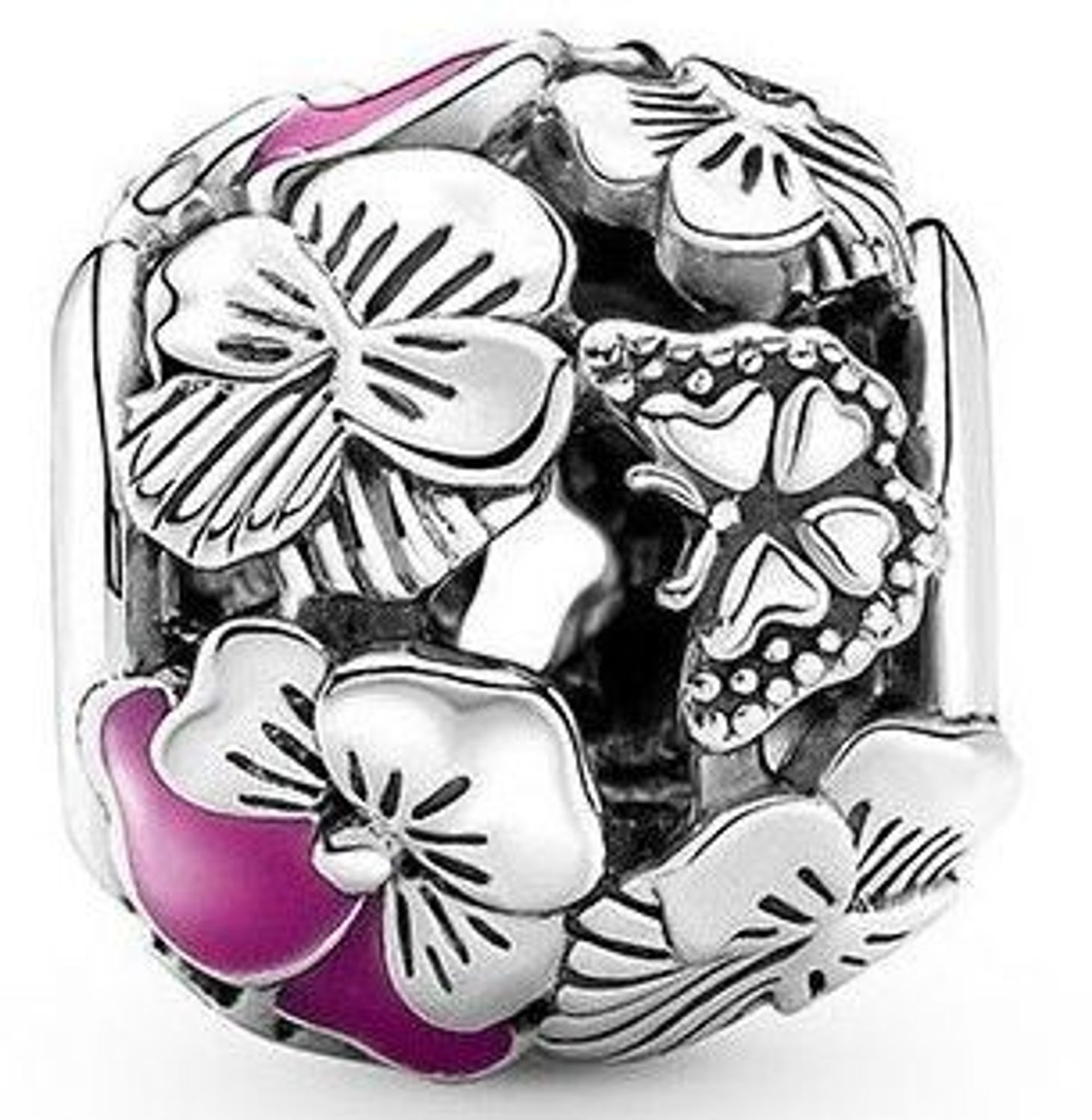 Srebrna zawieszka charms z motywem kwiatów i motyli pokryta różową emalią. Wykonana z rodowanego srebra próby Ag 925. Subtelny, kobiecy dodatek do bransoletki.3.jpg