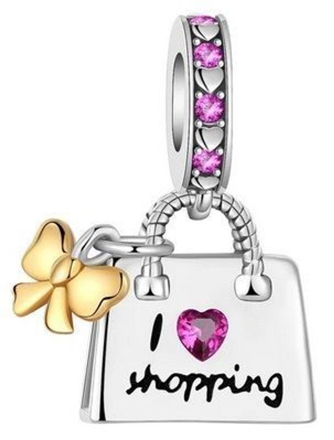 Odkryj uroczy charms srebrny 925 w kształcie torebki z pozłacaną kokardką i różową cyrkonią. Idealny dodatek do Twojej bransoletki modułowej. Sprawdź model DIA-CHA-IM0370424CH-925!1.jpg