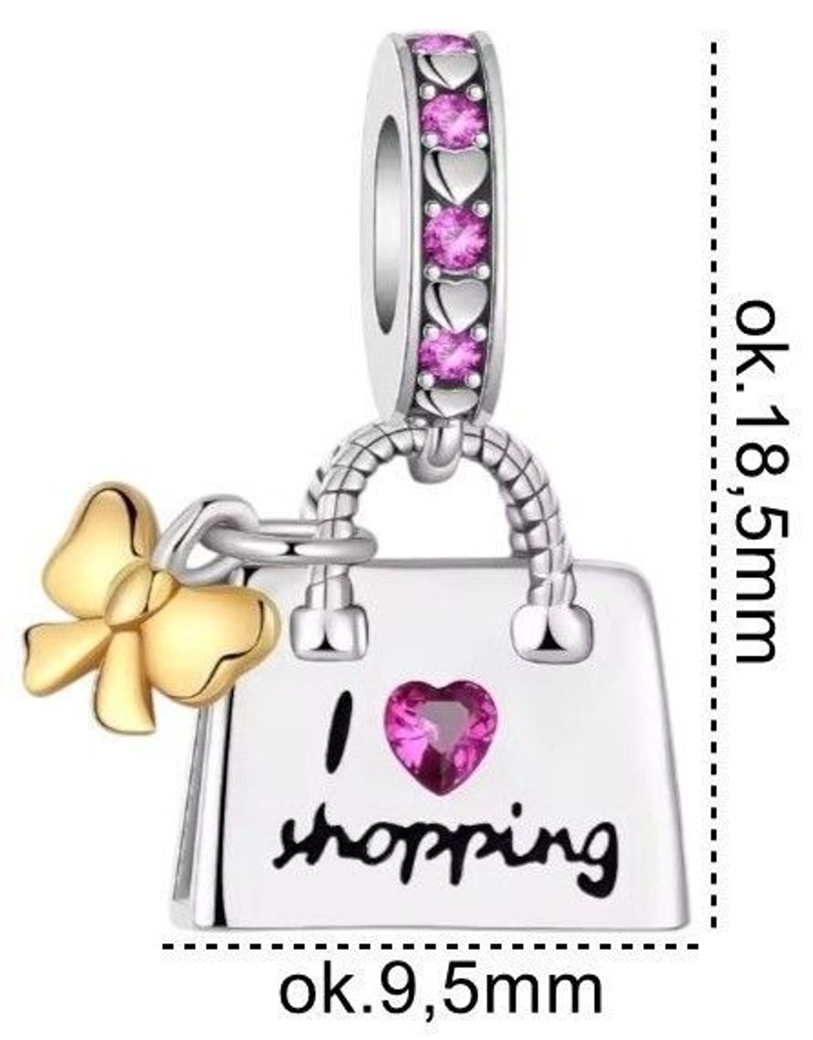 Odkryj uroczy charms srebrny 925 w kształcie torebki z pozłacaną kokardką i różową cyrkonią. Idealny dodatek do Twojej bransoletki modułowej. Sprawdź model DIA-CHA-IM0370424CH-925!1.jpg