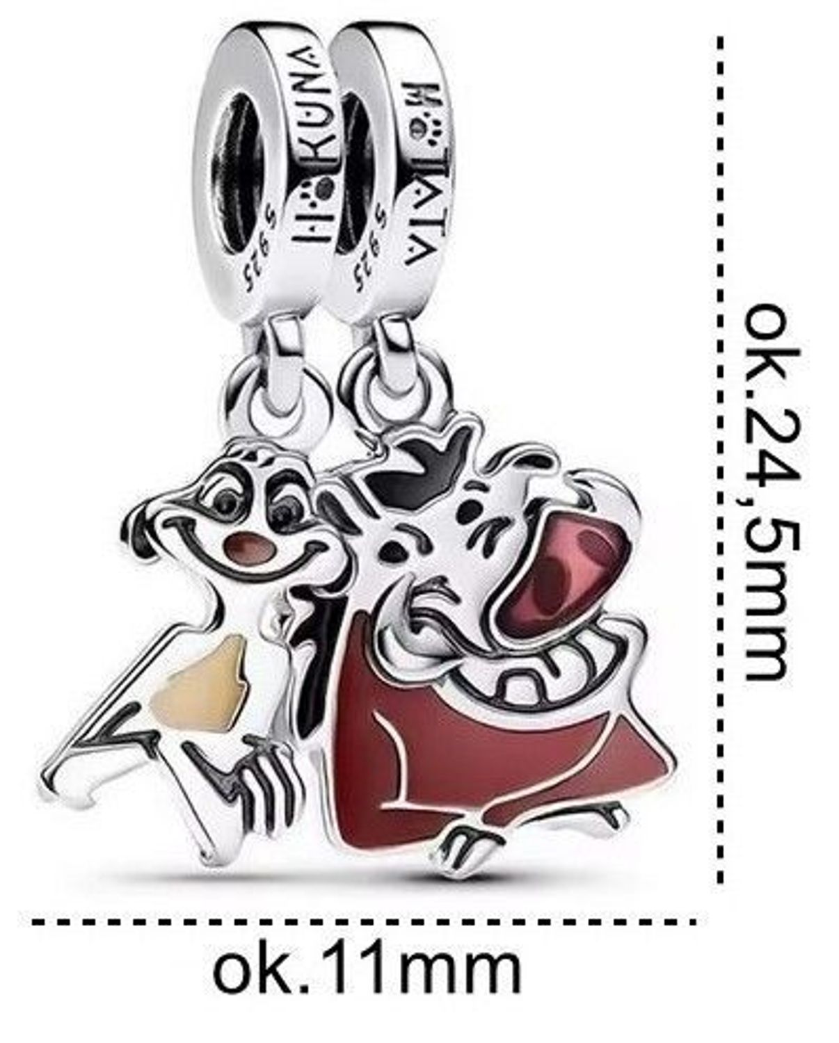 Zawieszka charms ze srebra Ag 925 z postaciami Timona i Pumby z „Króla Lwa”. Kolorowa emalia, grawer „Hakuna Matata”. Idealna dla fanów Disneya i bransoletek Pandora.1.jpg