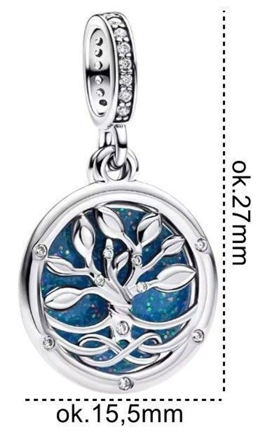 Srebrny charms 925 z motywem drzewa życia na tle niebieskiej emalii. Ozdobiony cyrkoniami, symbolizuje siłę i harmonię. Idealny prezent. Model DIA-CHA-IM0470525CH-925.1.jpg